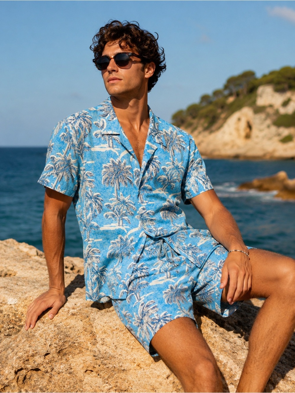 Point Zero Palm Print Matching Set Shirt & Shorts Blue Tropical NWT Men’s M